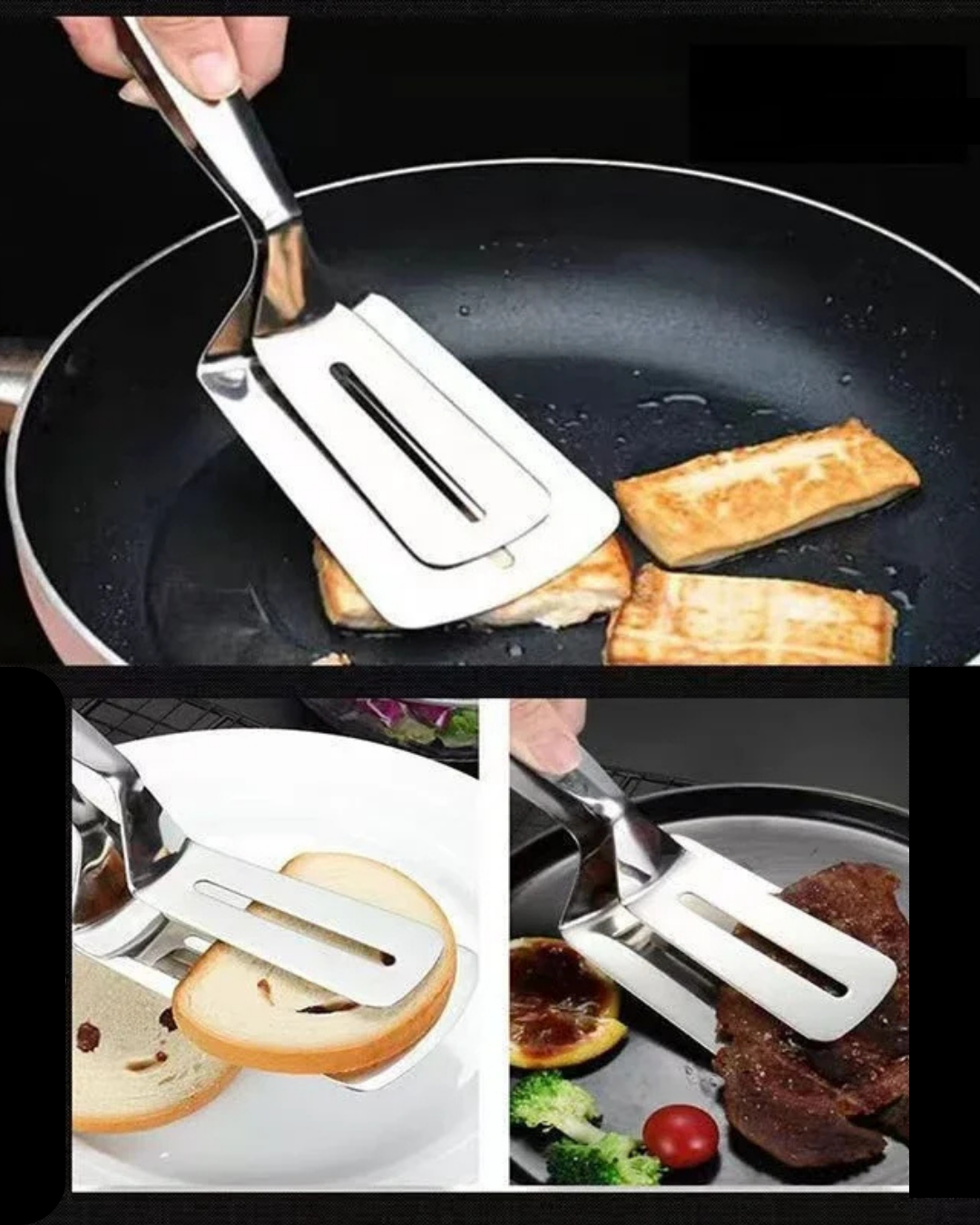 Clipe de Pá de Peixe Frito em Aço Inoxidável 2 em 1 Espátula Dupla para Grelhados | Home Gaju
