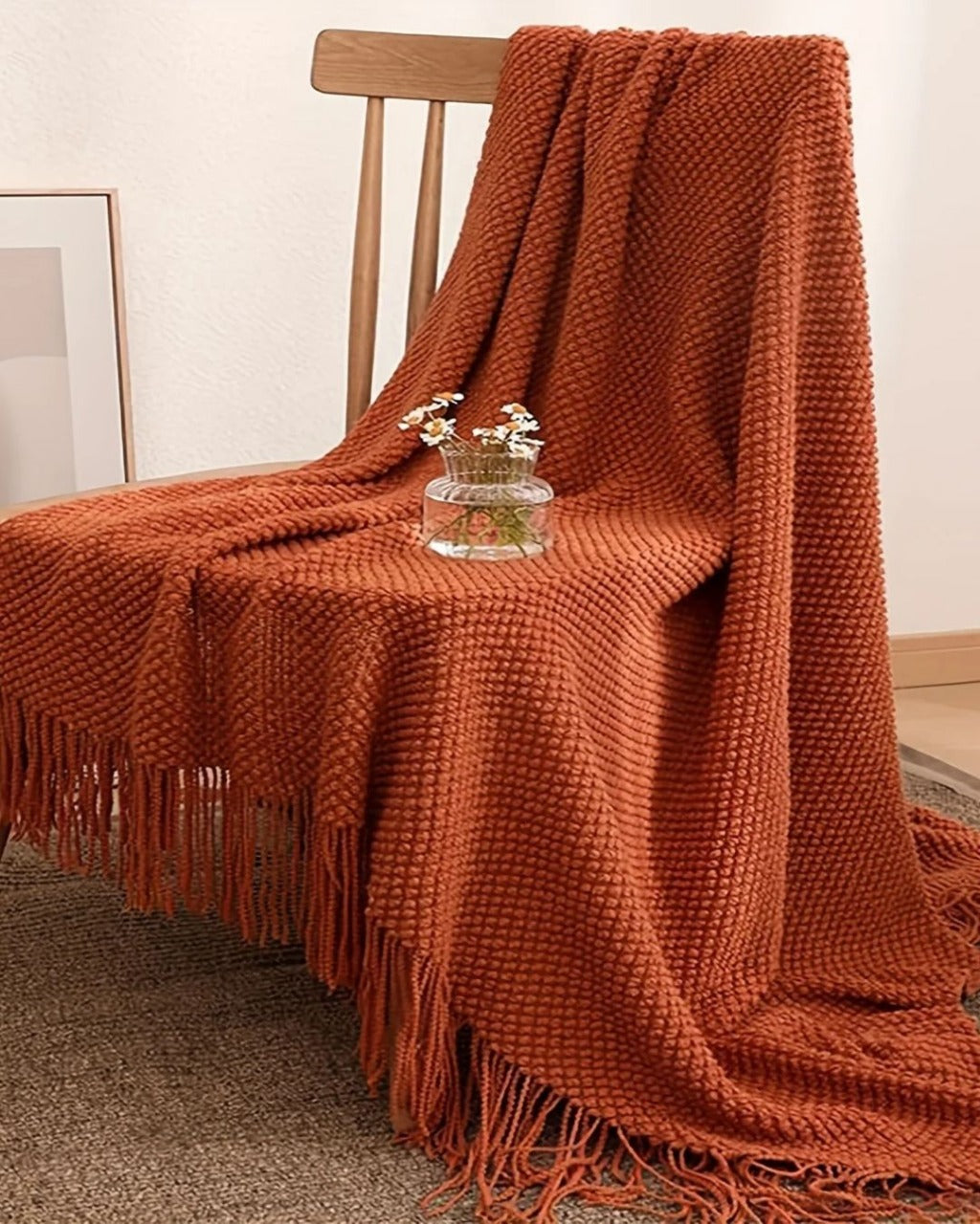 Cobertor de Malha com Borlas Laranja Morandi, Macio e Aconchegante para Sofá, Cama ou Viagem | Home Gaju