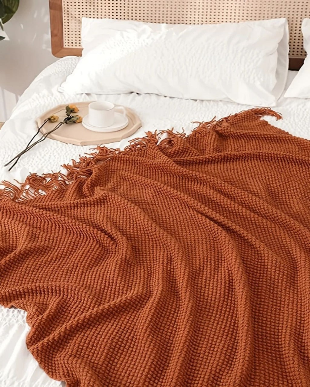 Cobertor de Malha com Borlas Laranja Morandi, Macio e Aconchegante para Sofá, Cama ou Viagem | Home Gaju