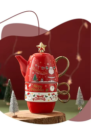 Conjunto Natalino de Bule e Caneca em Cerâmica conjunto com papai noel