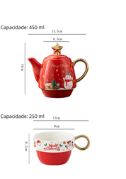 Conjunto Natalino de Bule e Caneca em Cerâmica com as medidas