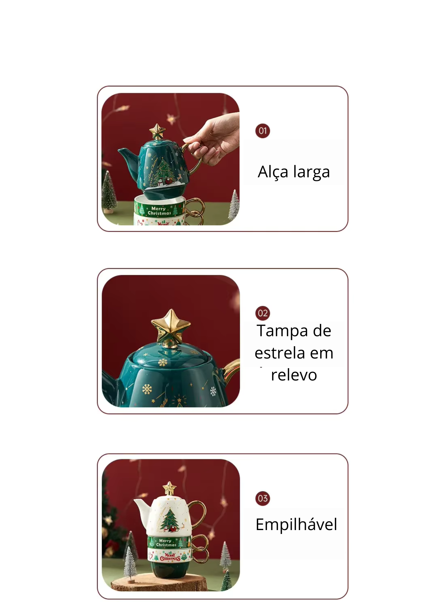 Conjunto Natalino de Bule e Caneca em Cerâmica com detalhes
