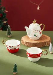Conjunto Natalino de Bule e Caneca em Cerâmica com decoração de natal