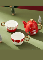 Conjunto Natalino de Bule e Caneca em Cerâmica conjunto vermelho com boneco de neve