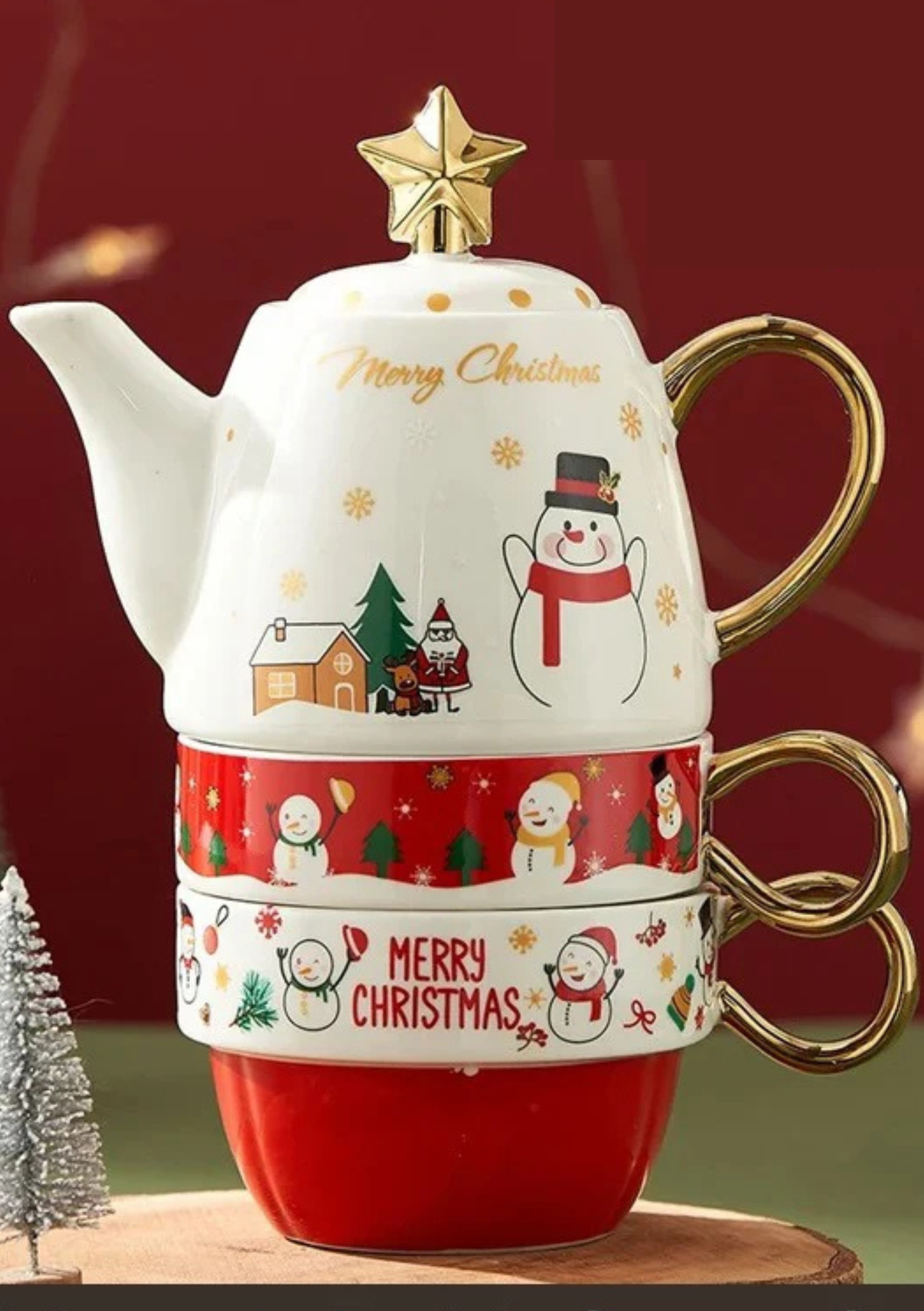 Conjunto Natalino de Bule e Caneca em Cerâmica conjunto com boneco de neve