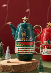 Conjunto Natalino de Bule e Caneca em Cerâmica conjunto com alce