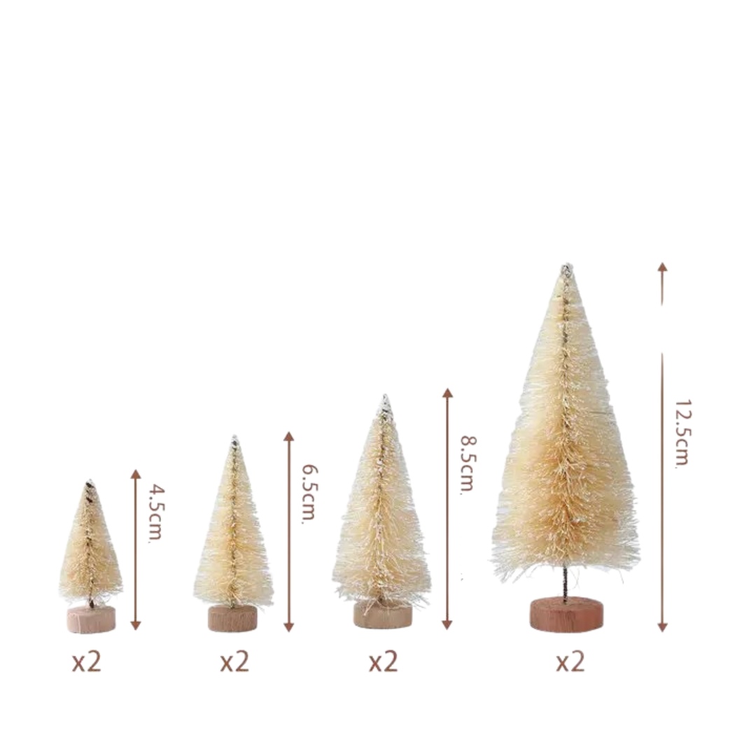 Conjunto Artesanal  de 8 Mini Árvores de Natal de Madeira e Sisal Decoração Natalina cor palha com medidas