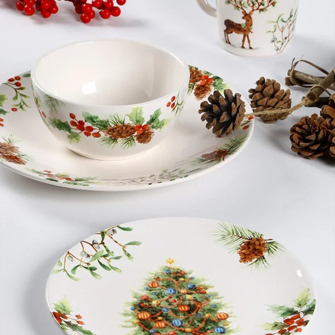Conjunto de Louça Cerâmica Natalina com Pratos, Bowl e Xícaras - Estilo Europeu Home Gaju