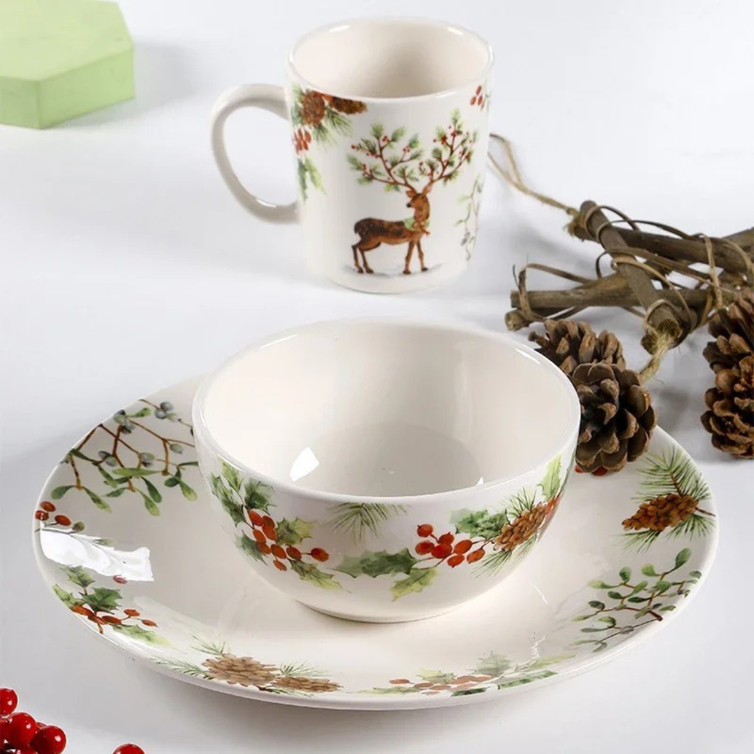 Conjunto de Louça Cerâmica Natalina com Pratos, Bowl e Xícaras - Estilo Europeu Home Gaju