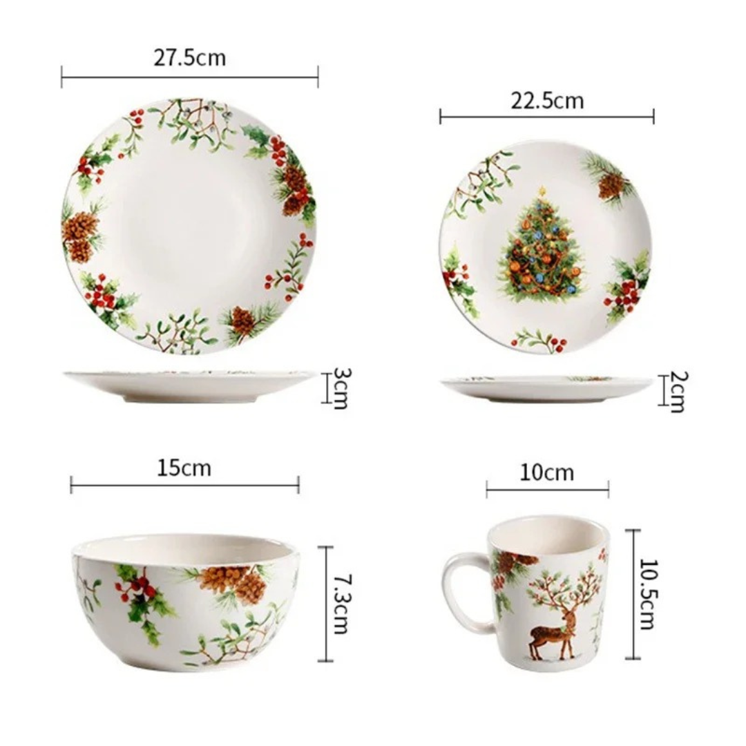 Conjunto de Louça Cerâmica Natalina com Pratos, Bowl e Xícaras - Estilo Europeu Home Gaju