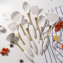 Conjunto de Utensílios de Cozinha de Silicone Ouro Branco 8 Peças – Espátula, Colher, Concha | Home Gaju