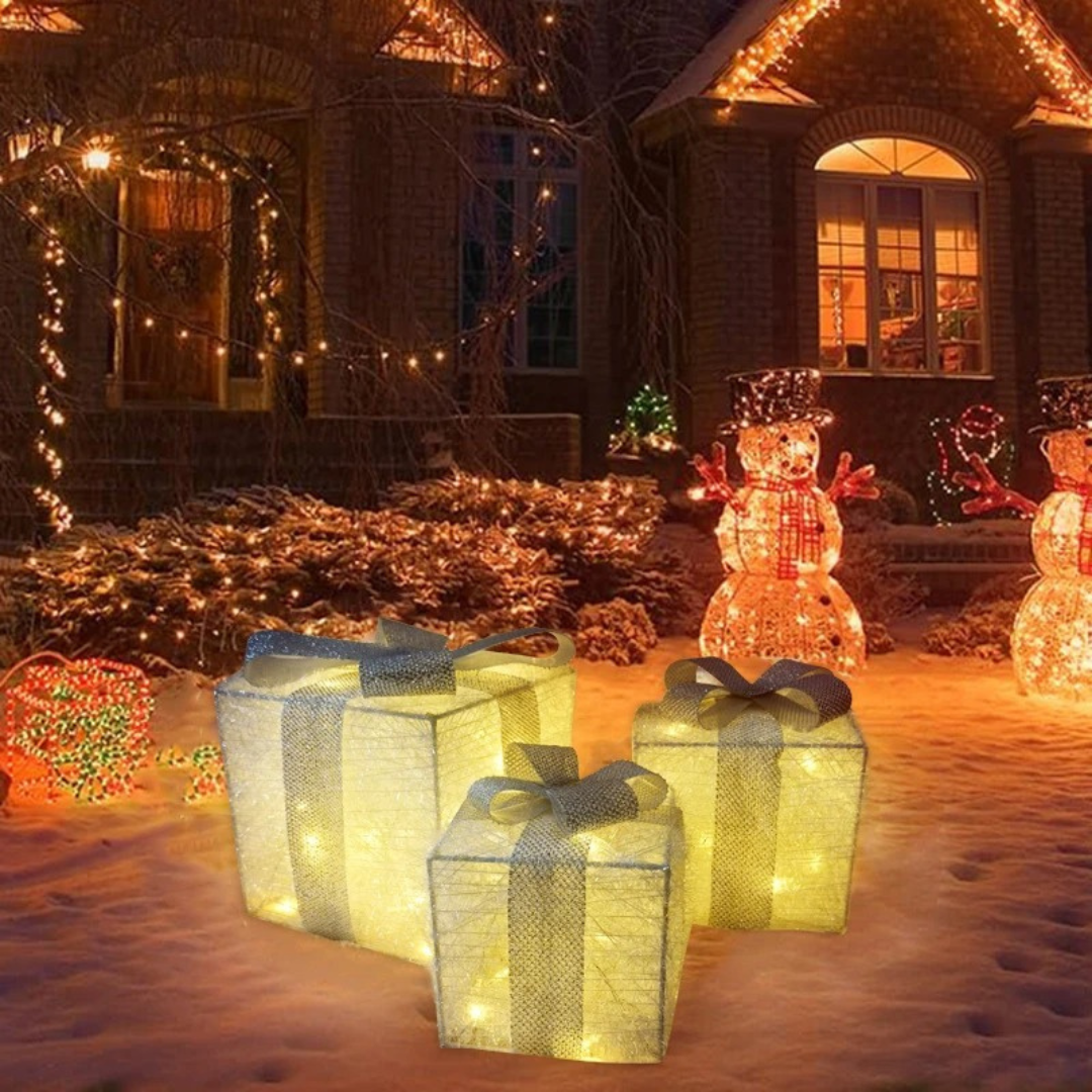 Conjunto de 3 Caixas de Presente Iluminadas com LED - Decoração de Natal para Árvore | Home Gaju