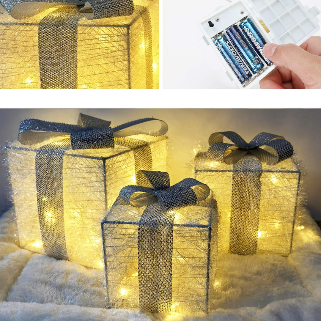 Conjunto de 3 Caixas de Presente Iluminadas com LED - Decoração de Natal para Árvore | Home Gaju