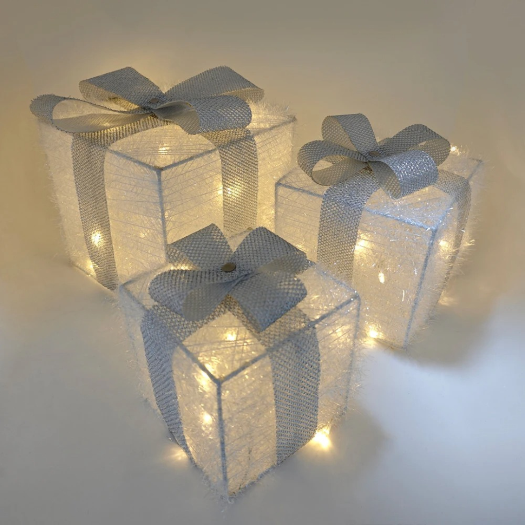 Conjunto de 3 Caixas de Presente Iluminadas com LED - Decoração de Natal para Árvore | Home Gaju