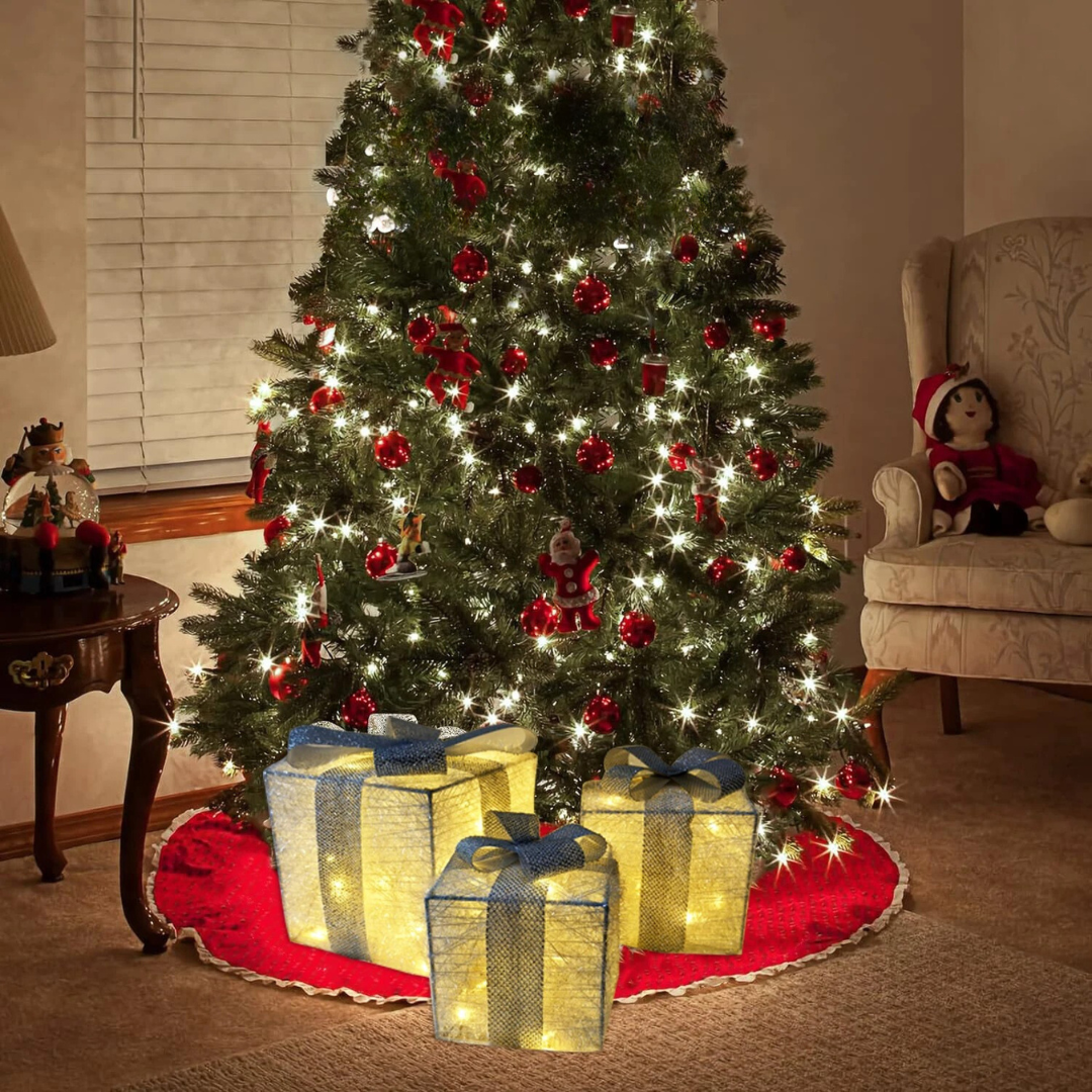 Conjunto de 3 Caixas de Presente Iluminadas com LED - Decoração de Natal para Árvore | Home Gaju