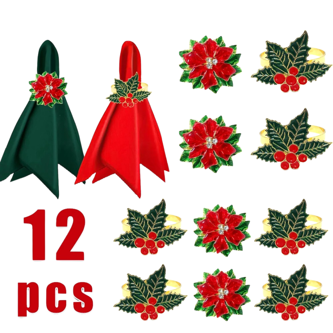 Conjunto de Anéis Guardanapo Natal Poinsétia e Cerejas com 12 Peças | Home Gaju