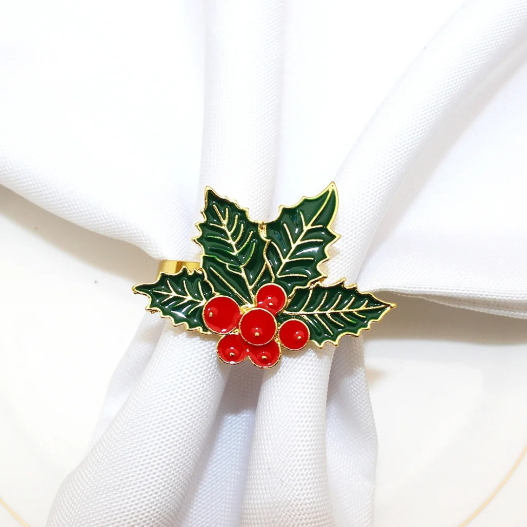 Conjunto de Anéis Guardanapo Natal Poinsétia e Cerejas com 12 Peças | Home Gaju