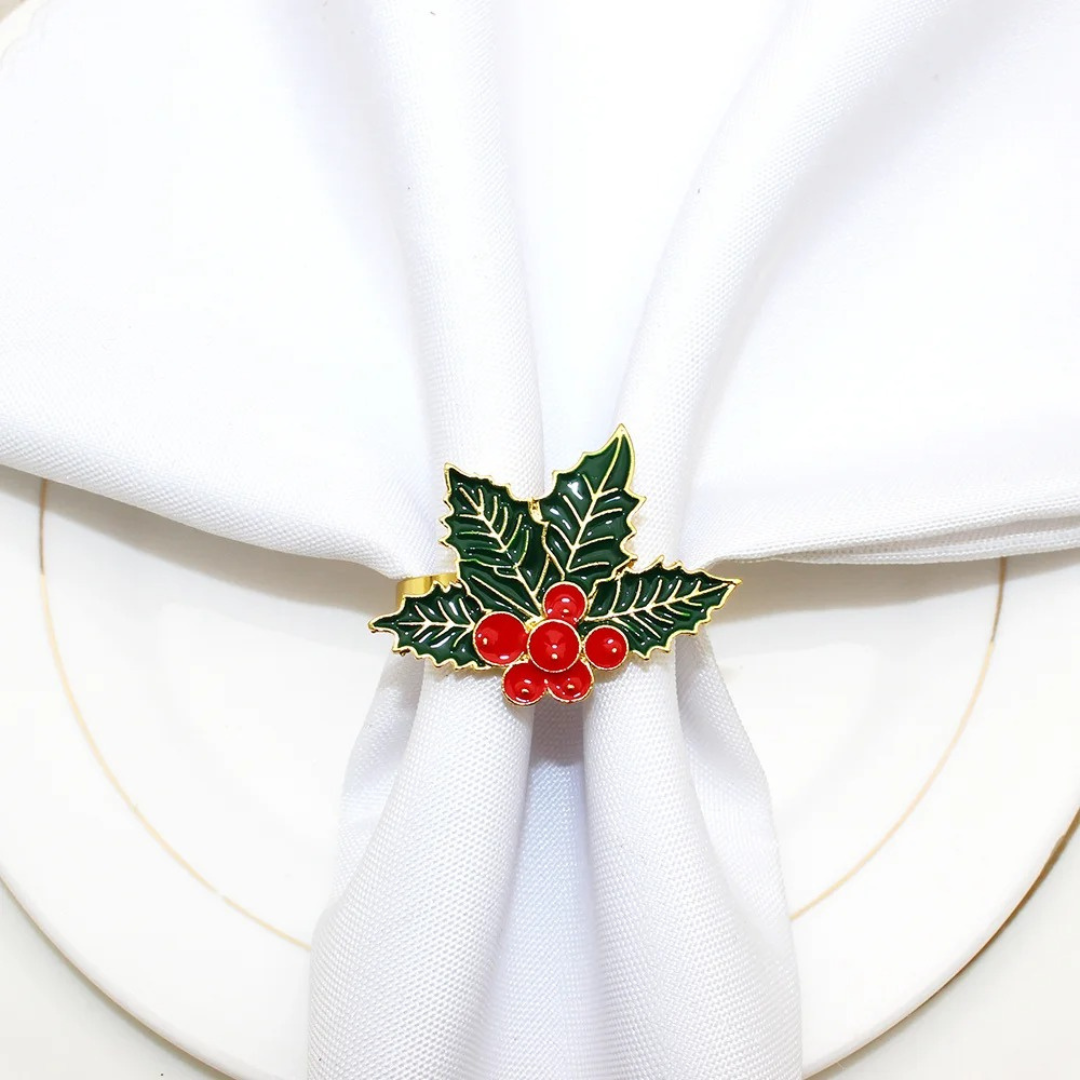 Conjunto de Anéis Guardanapo Natal Poinsétia e Cerejas com 12 Peças | Home Gaju