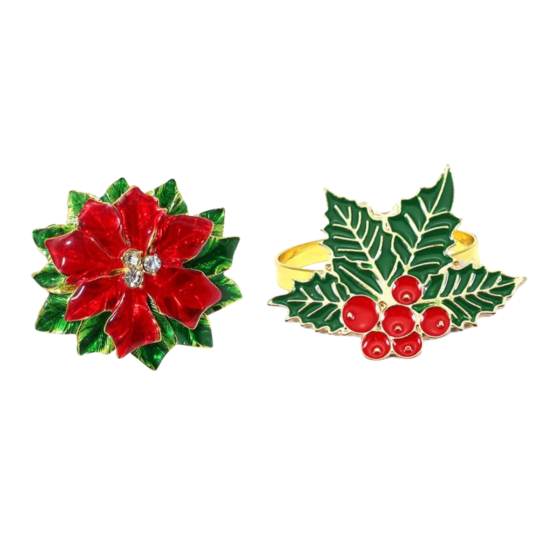 Conjunto de Anéis Guardanapo Natal Poinsétia e Cerejas com 12 Peças | Home Gaju