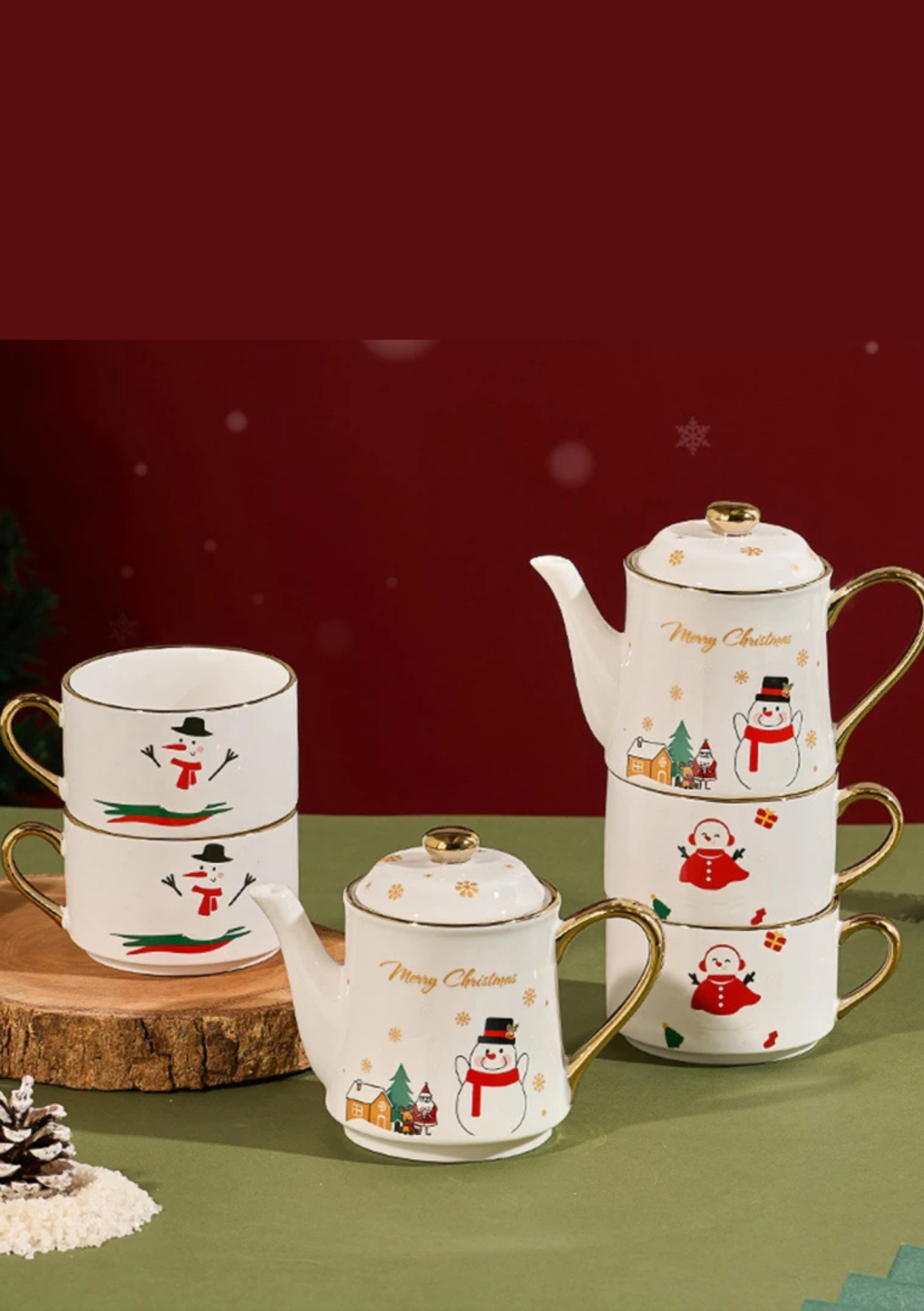 Conjunto de Chá Natalino em Cerâmica modelo do boneco de neve