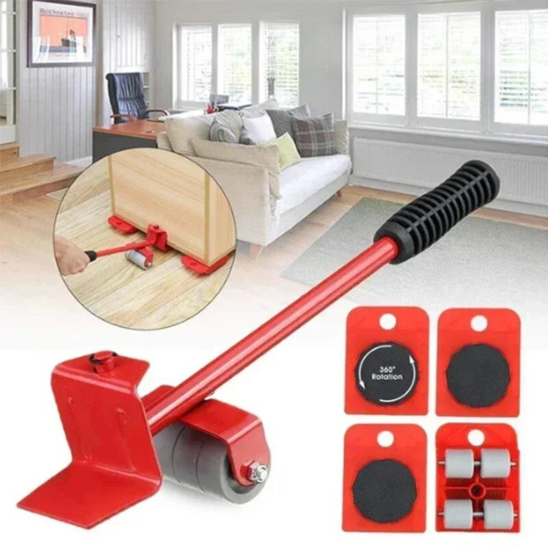 Conjunto de Ferramentas para Mover Móveis 5 Peças – Rolo de Movimentação com Barra Ergonômica e Rodas de 360° | Home Gaju