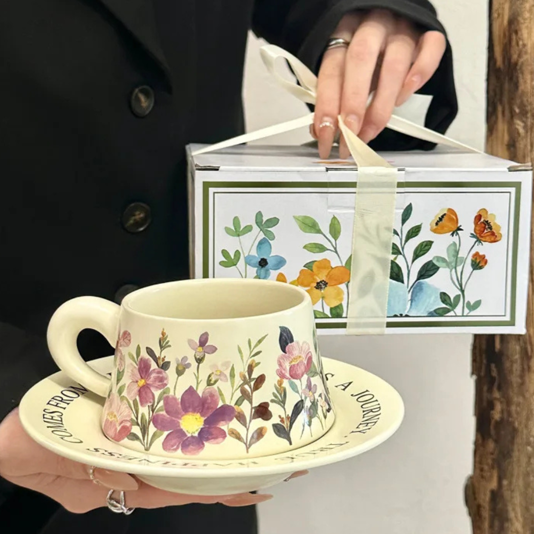 Conjunto de Pires e Caneca de Cerâmica Phalaenopsis Elegância para Café e Chá | Home Gaju