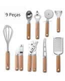 Conjunto de Utensílios de Cozinha com Cabo de Madeira 9 Peças Funcional e Estiloso | Home Gaju
