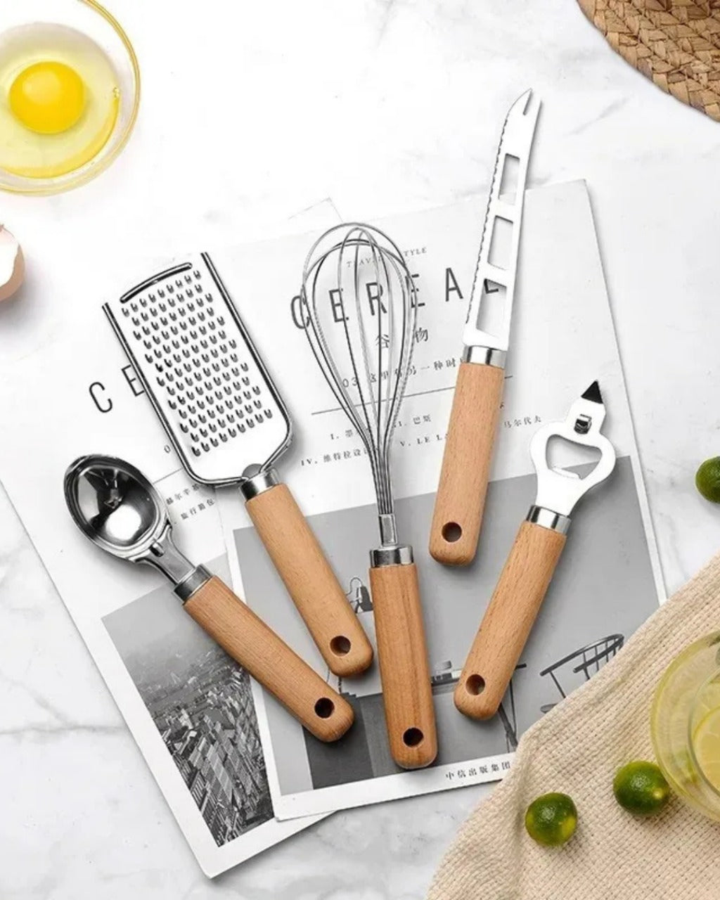 Conjunto de Utensílios de Cozinha com Cabo de Madeira 9 Peças Funcional e Estiloso | Home Gaju
