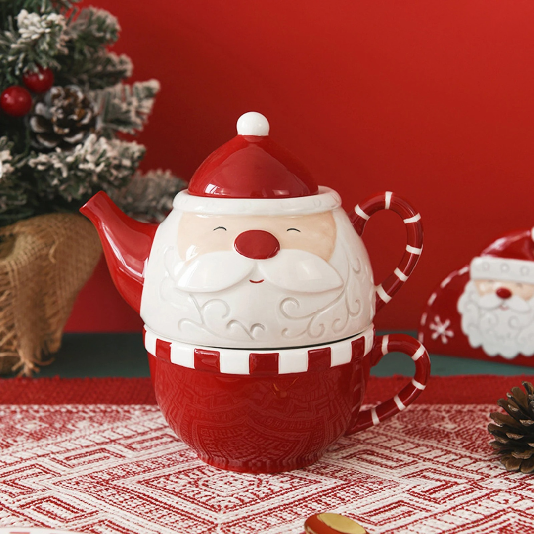 Conjunto de Utensílios de Cozinha de Natal – Bule de Cerâmica, Saleiro e Pimenteiro Festivos | Home Gaju