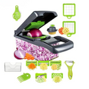 Cortador Multifuncional 16 em 1. Perfeito para cortar, fatiar e triturar frutas e vegetais com lâminas de aço inoxidável.