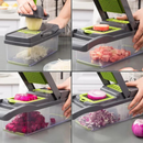 Cortador Multifuncional 16 em 1. Perfeito para cortar, fatiar e triturar frutas e vegetais com lâminas de aço inoxidável.