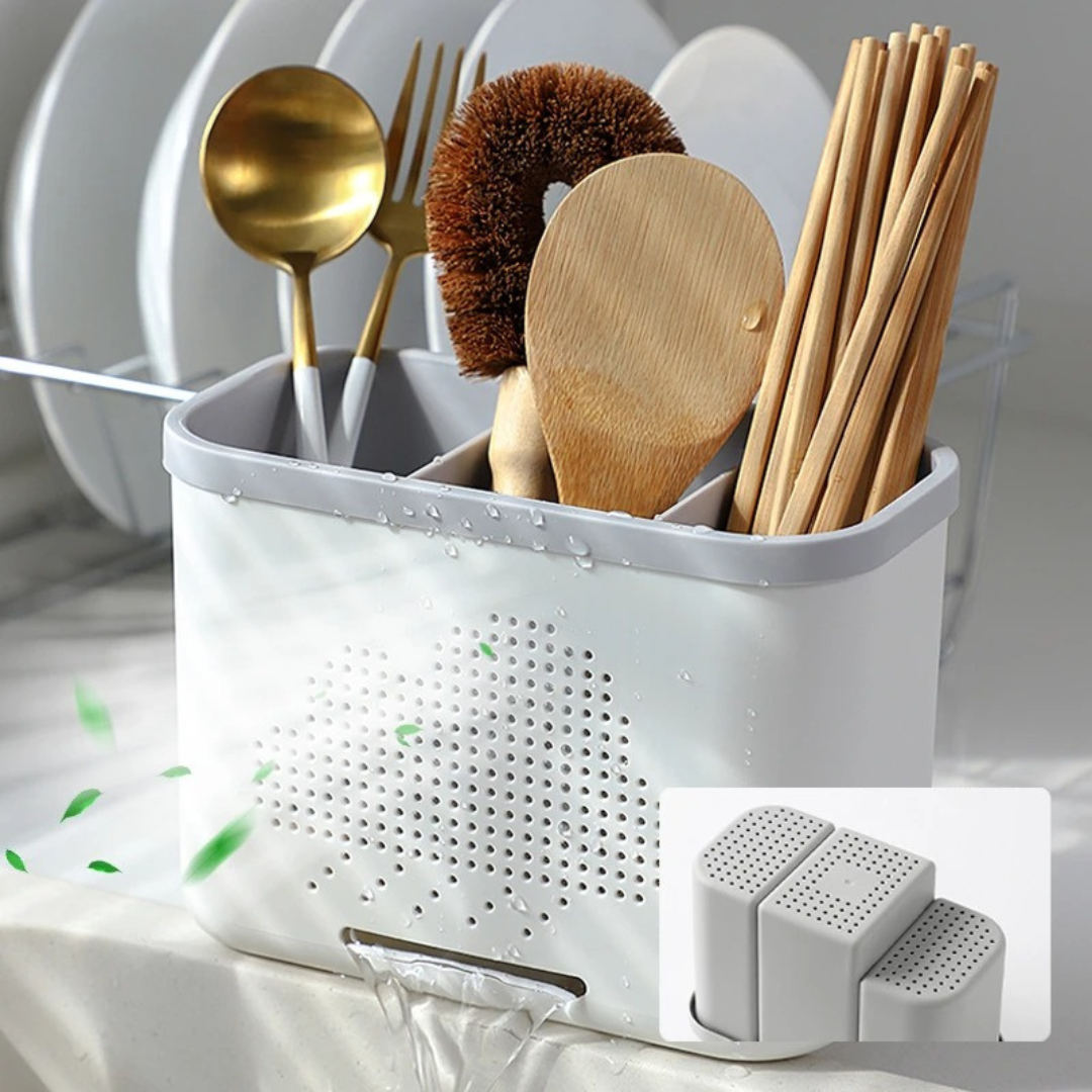 Escorredor Vazado Multifuncional Dupla Camada para Talheres e Utensílios – Organizador de Cozinha | Home Gaju