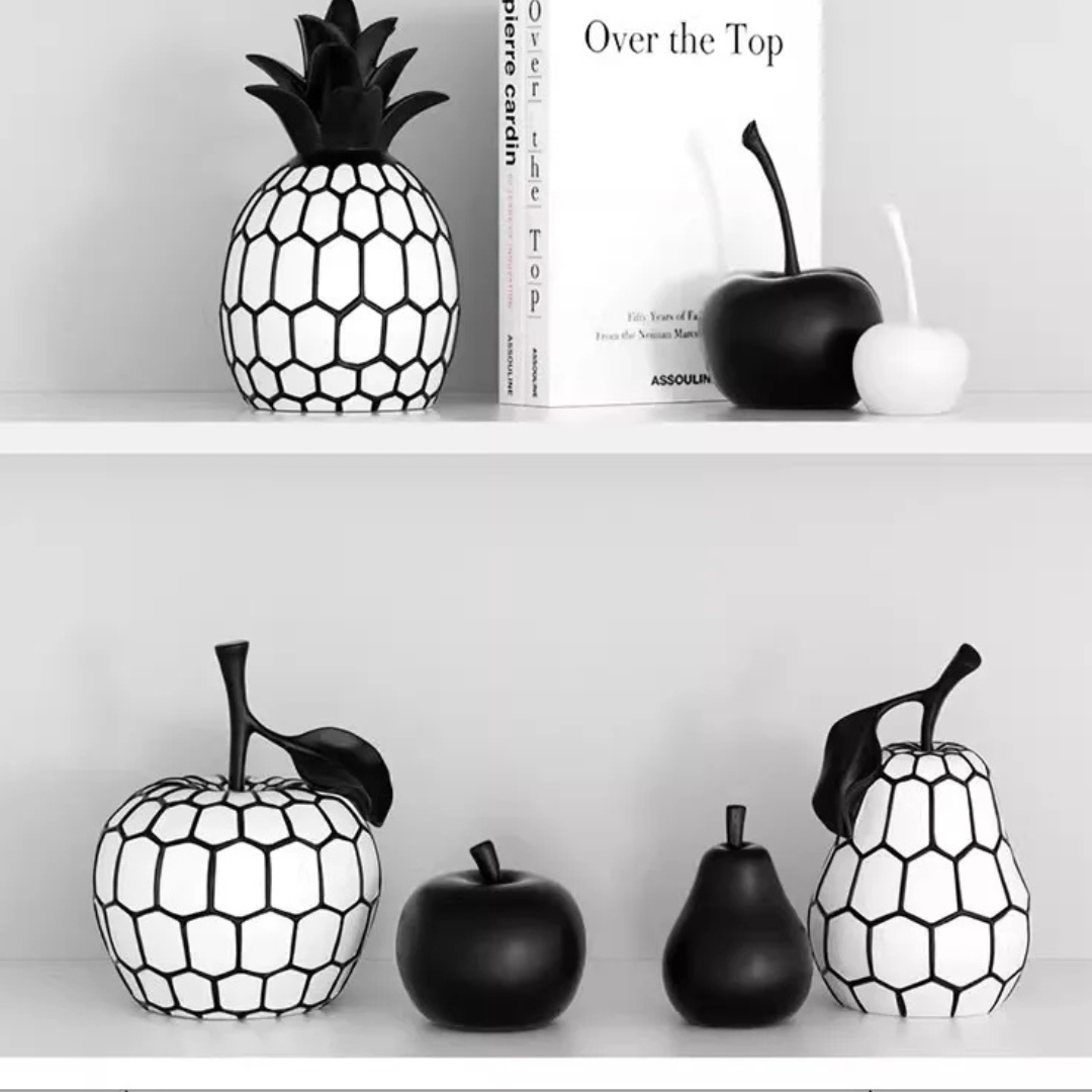 Estátua de Frutas Preto e Branco em Resina Decoração Minimalista para Mesa e Sala | Home Gaju