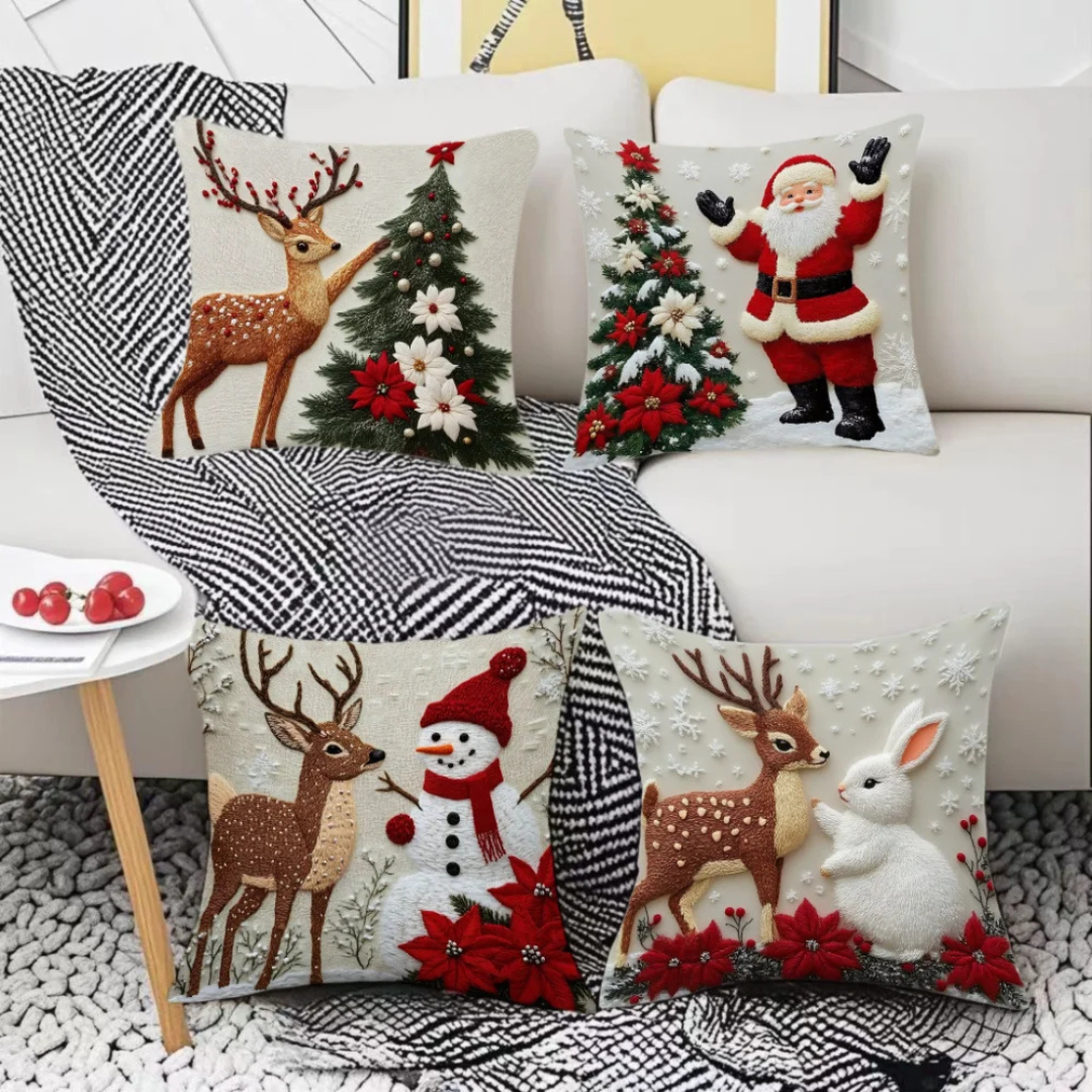 Fronha Decorativa de Natal no sofá e no chão