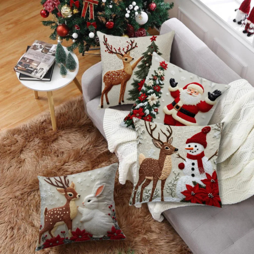 Fronha Decorativa de Natal no sofá e no tapete
