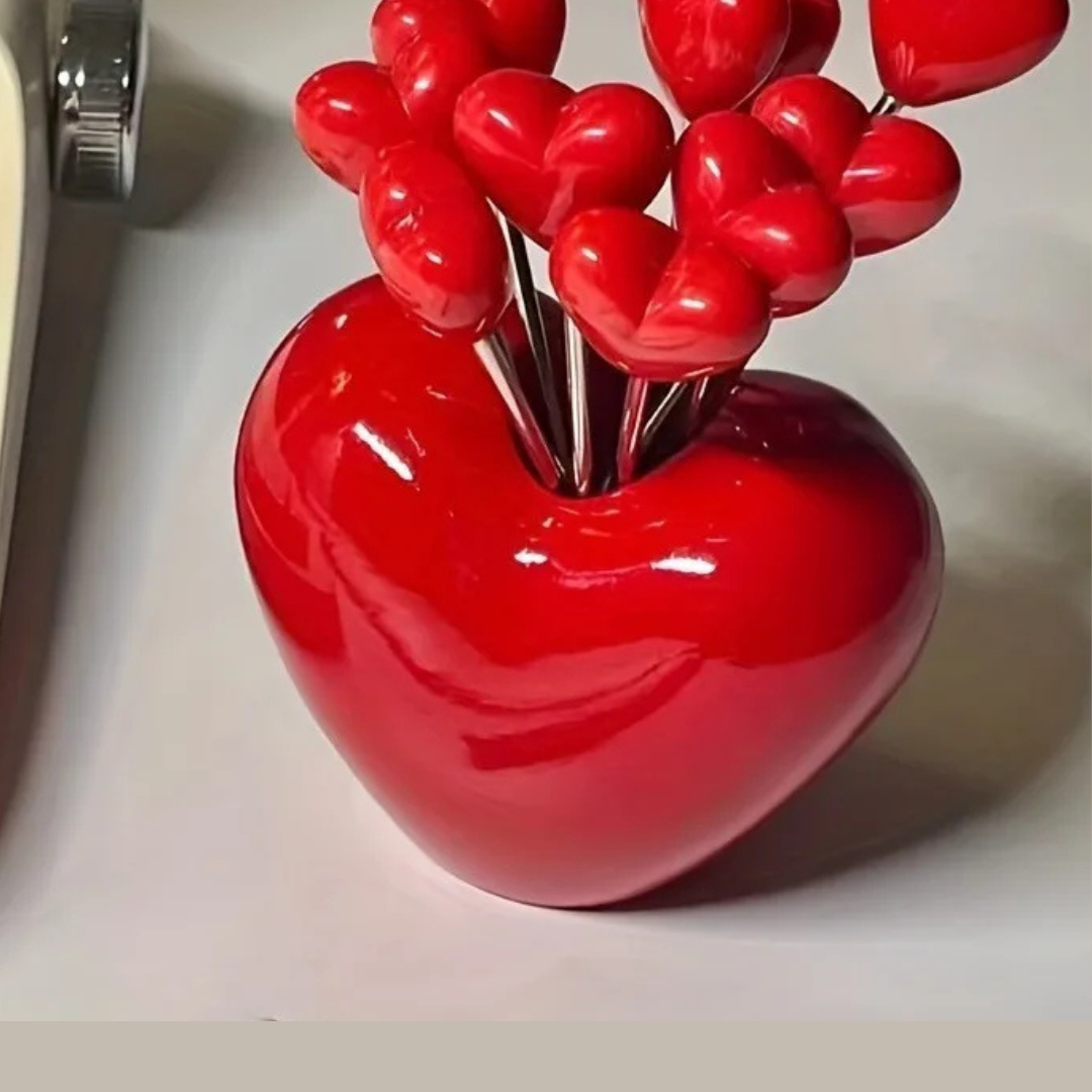 Garfos de Frutas em Aço Inoxidável com Formato de Coração Kit com 6 Peças | Home Gaju