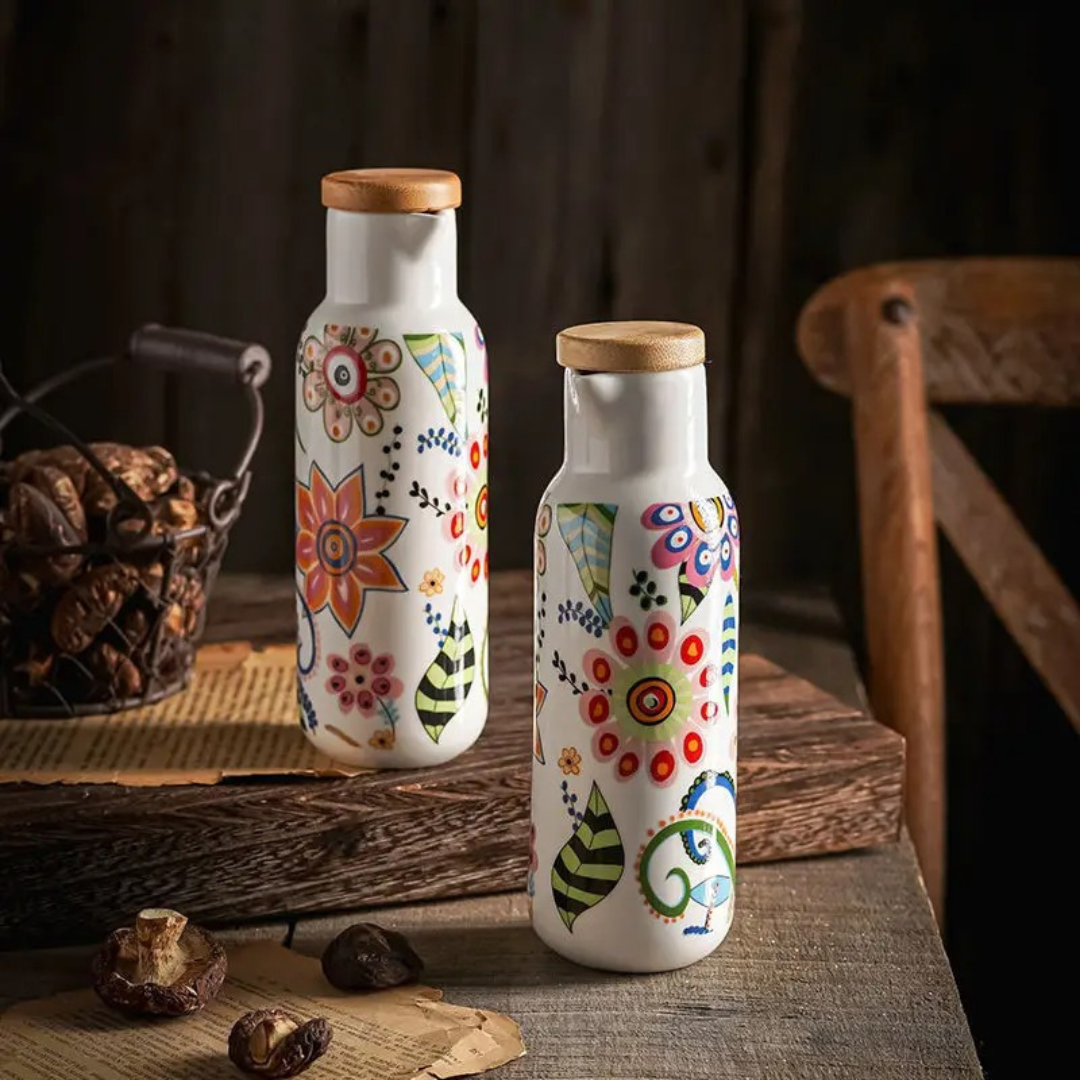 Garrafa de Azeite com Estampa de Flores Vintage em Cerâmica | À Prova de Vazamentos | Home Gaju