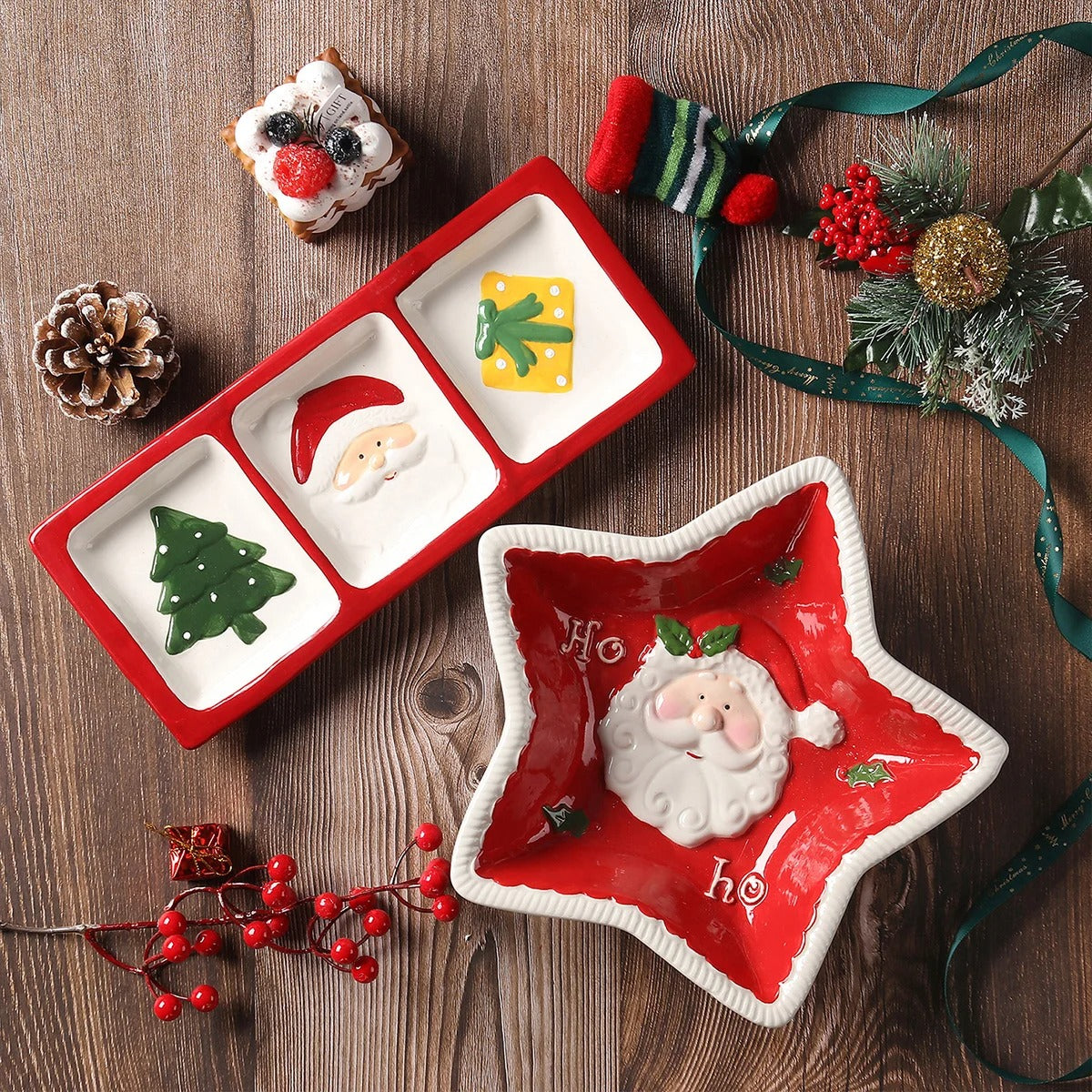 Louça de Cerâmica Natalina com Papai Noel em Relevo - Pratos para Doces, Sobremesas e Lanches | Home Gaju