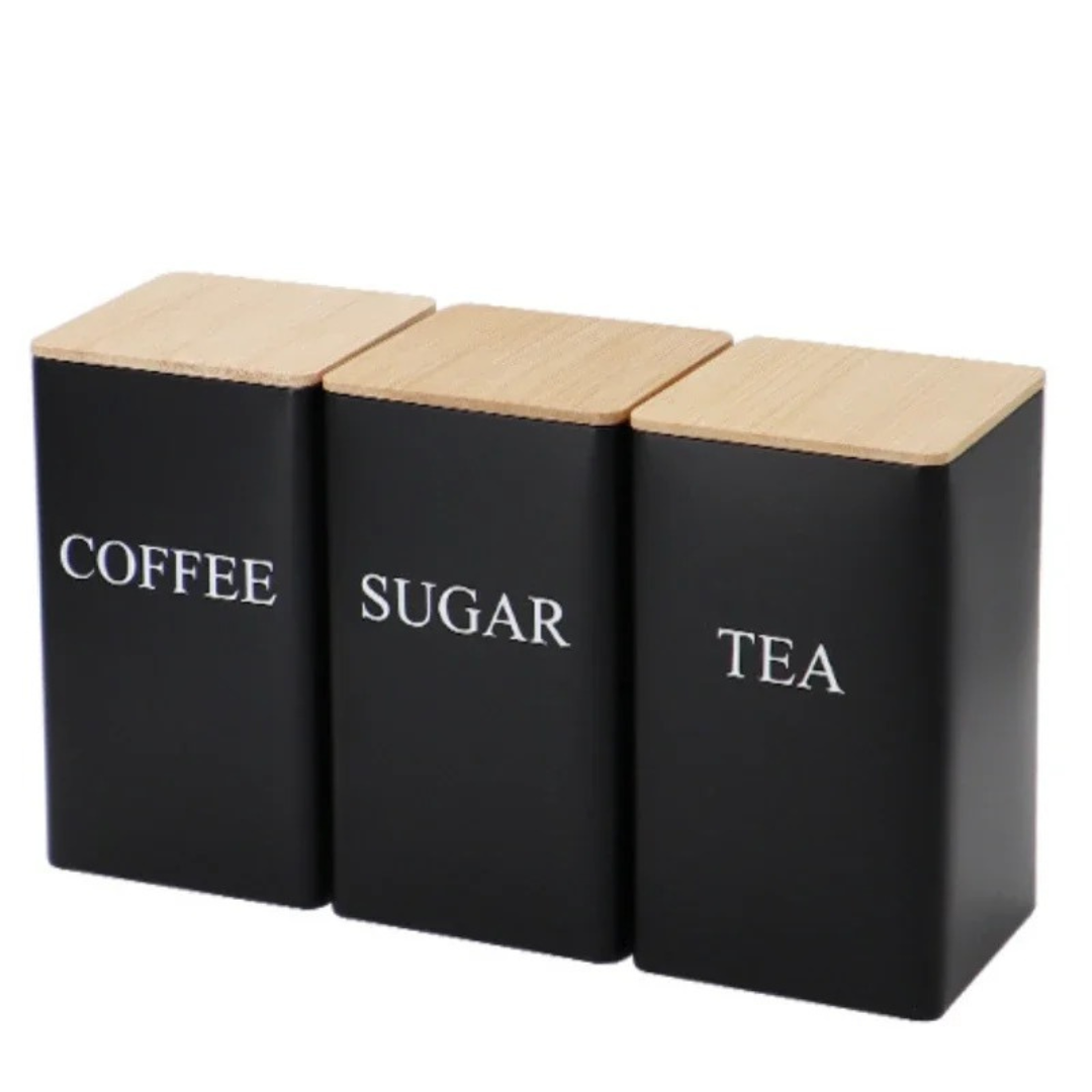 Organizador de Cozinha com Tampa de Bambu - Potes Herméticos para Chá, Açúcar e Café