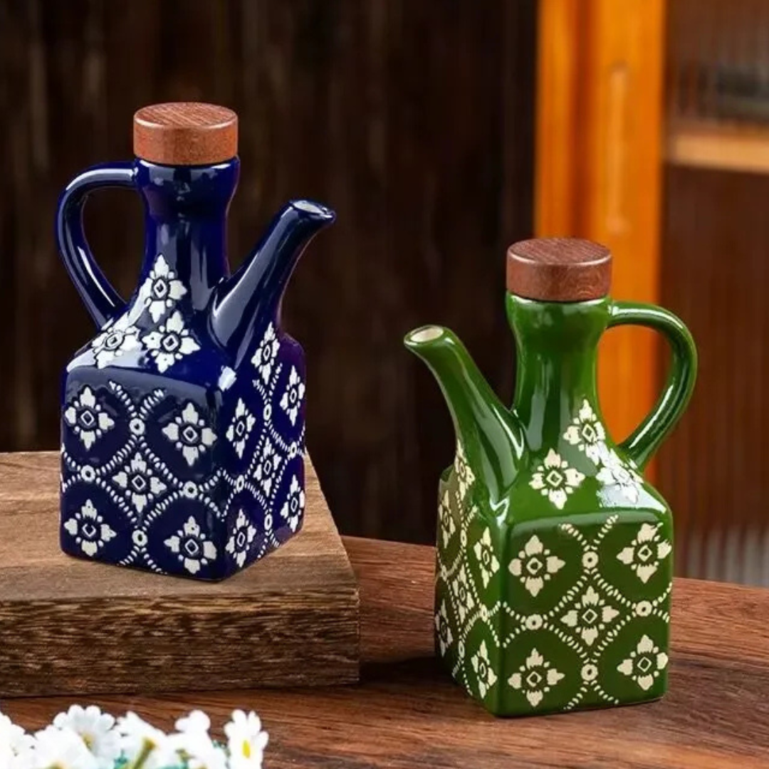 Pote de Óleo de Cerâmica 250 ml com Tampa de Madeira e Alça | Home Gaju