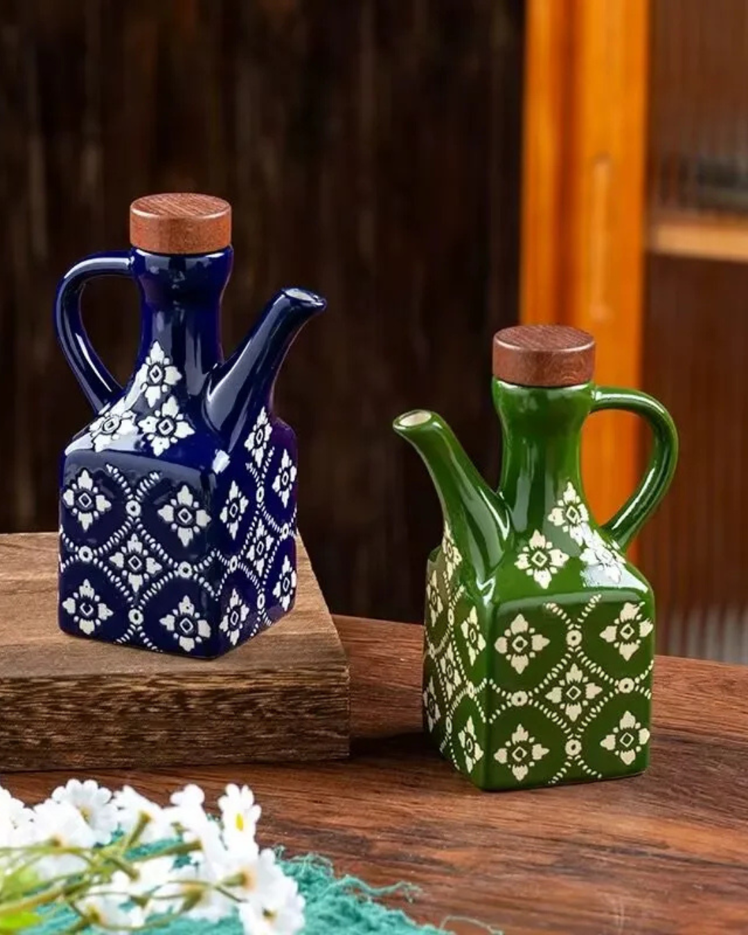 Pote de Óleo de Cerâmica 250 ml com Tampa de Madeira e Alça | Home Gaju