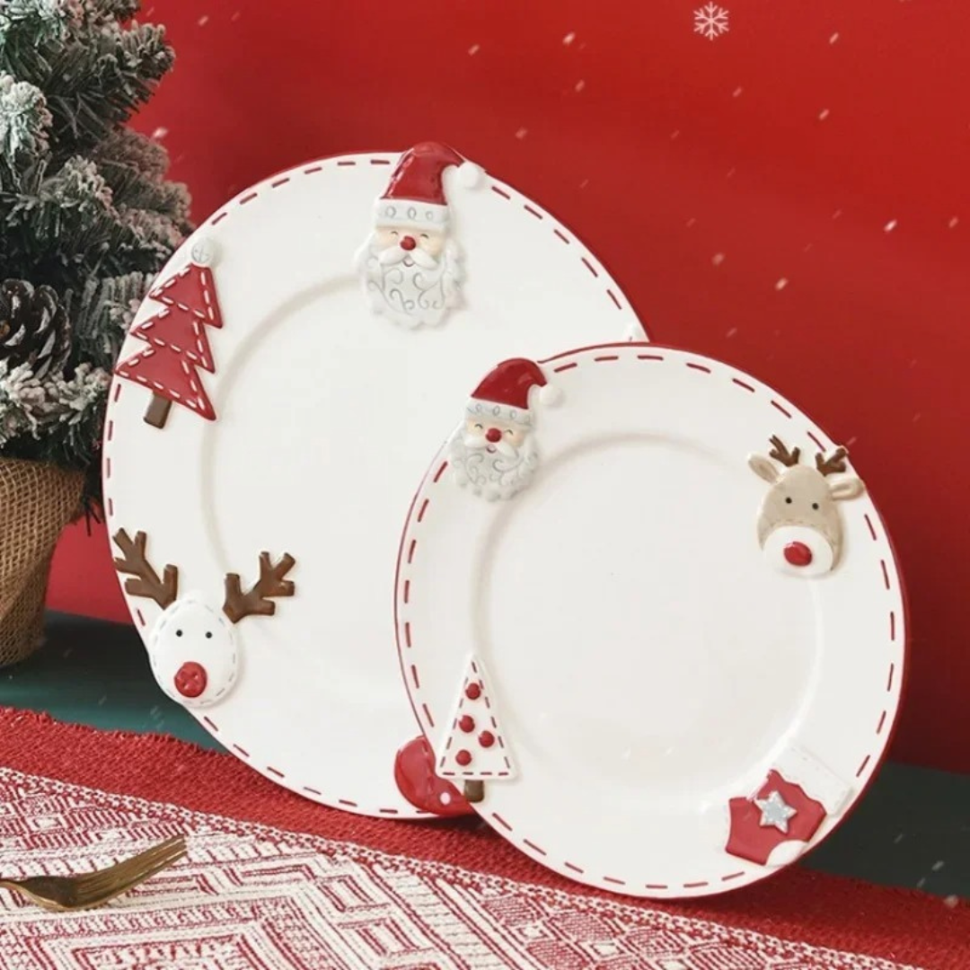 Prato de Cerâmica Natalino | Papai Noel, Alce, Árvore de Natal | Home Gaju