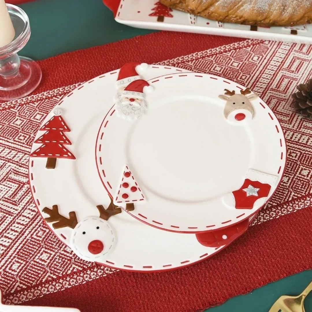 Prato de Cerâmica Natalino | Papai Noel, Alce, Árvore de Natal | Home Gaju