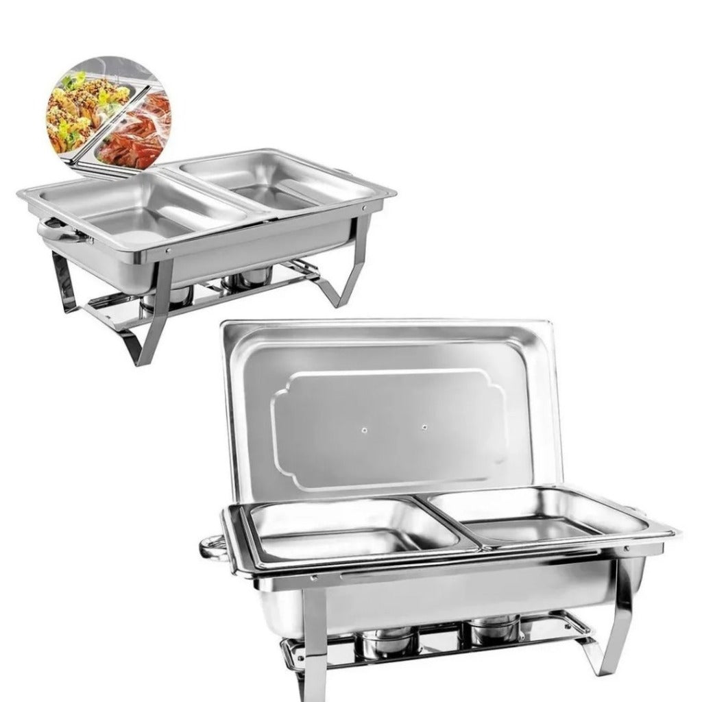 Rechaud Retangular de Aço Inox 9L com 2 Cubas Banho Maria Profissional | Home Gaju