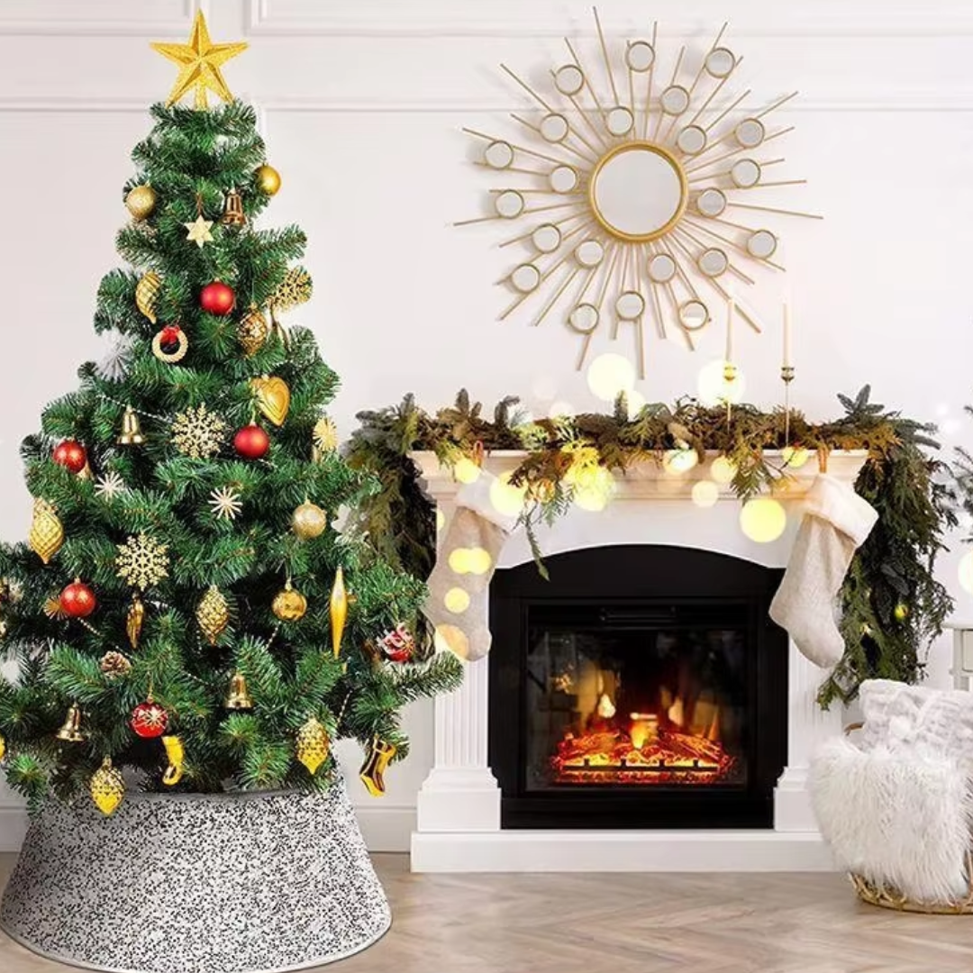 Saia para Árvore de Natal com Lantejoulas Impressas junto ao presépio de natal