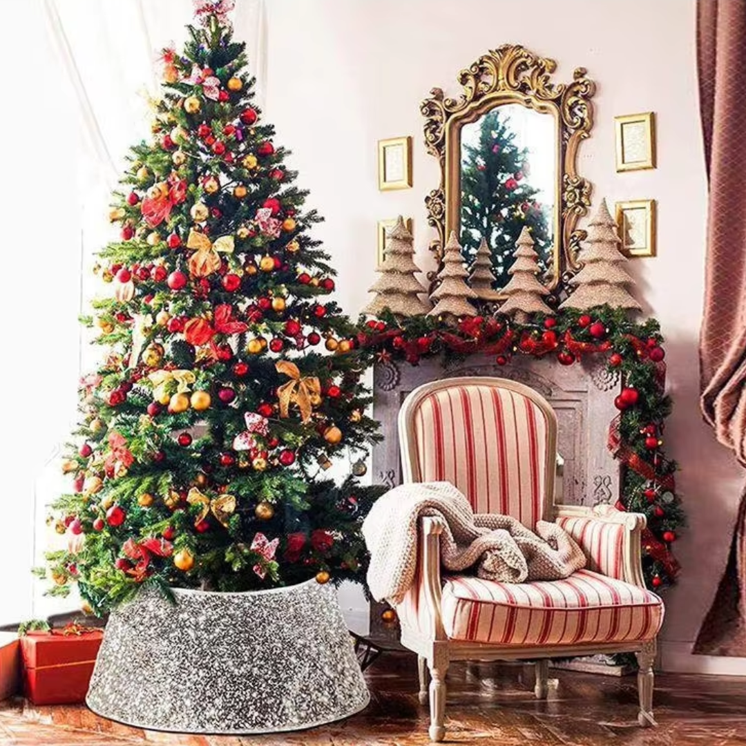 Saia para Árvore de Natal com Lantejoulas Impressas na árvore ao lado da cadeira