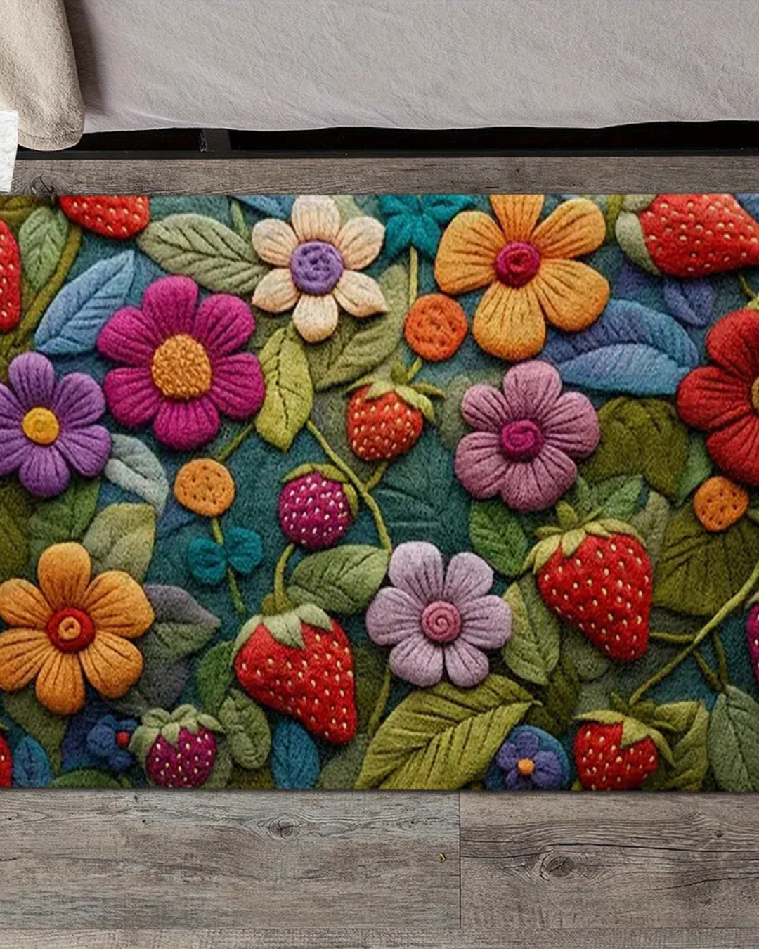 Tapete 3D Morango com Flor Macio, Antiderrapante e Decorativo | Home Gaju