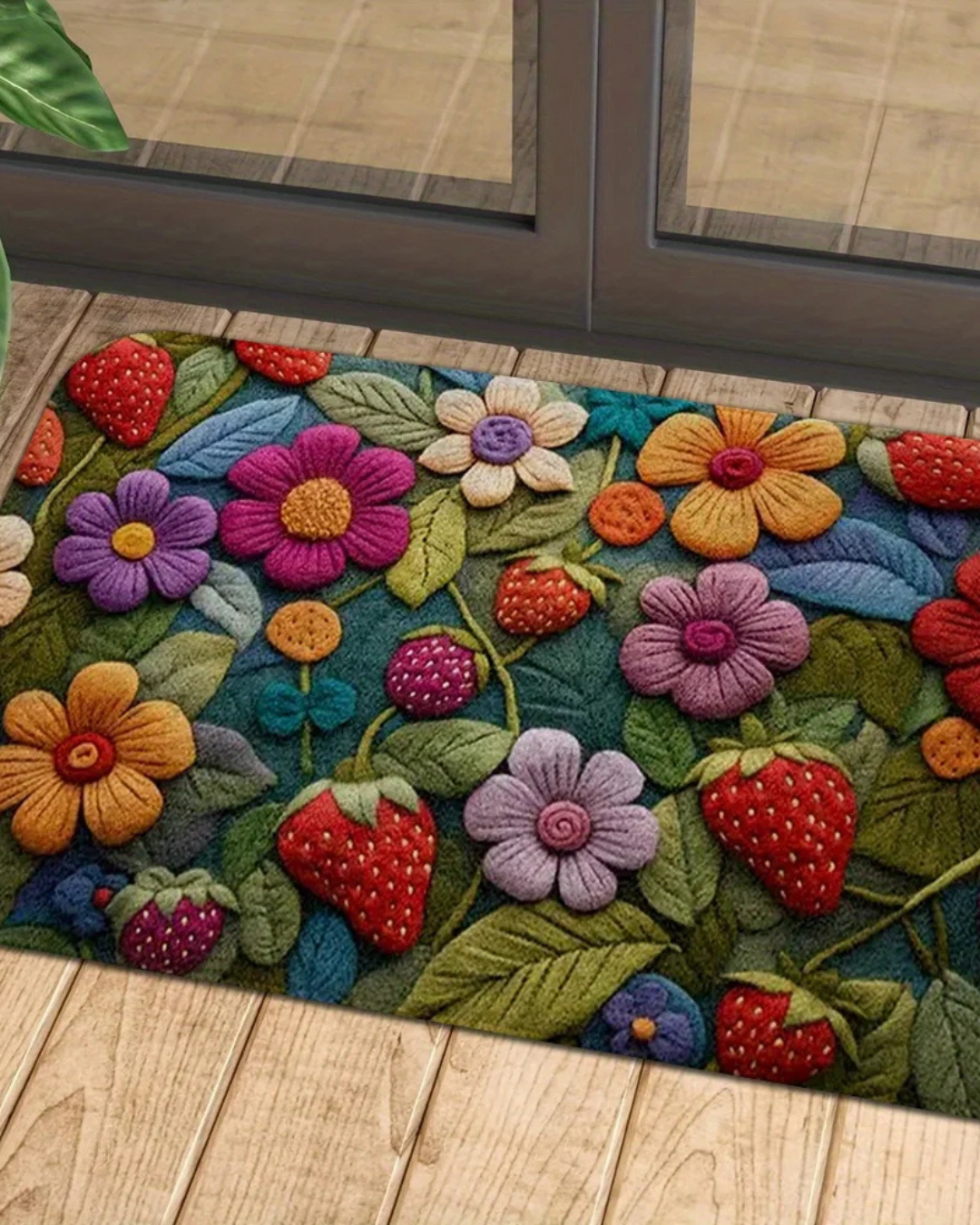 Tapete 3D Morango com Flor Macio, Antiderrapante e Decorativo | Home Gaju