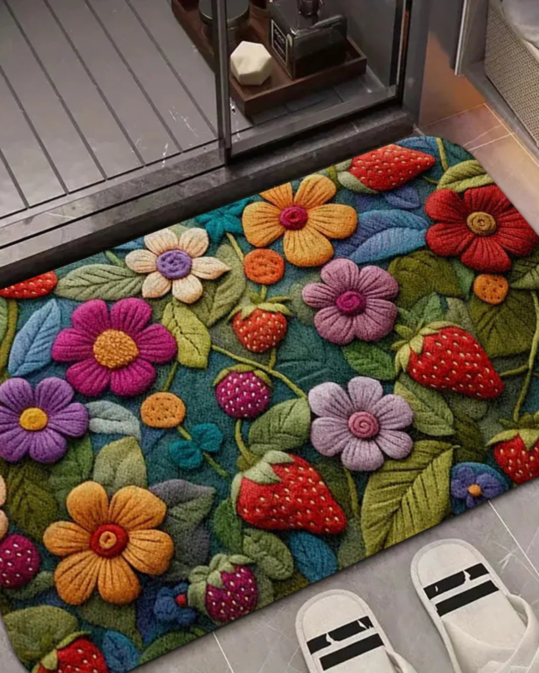 Tapete 3D Morango com Flor Macio, Antiderrapante e Decorativo | Home Gaju