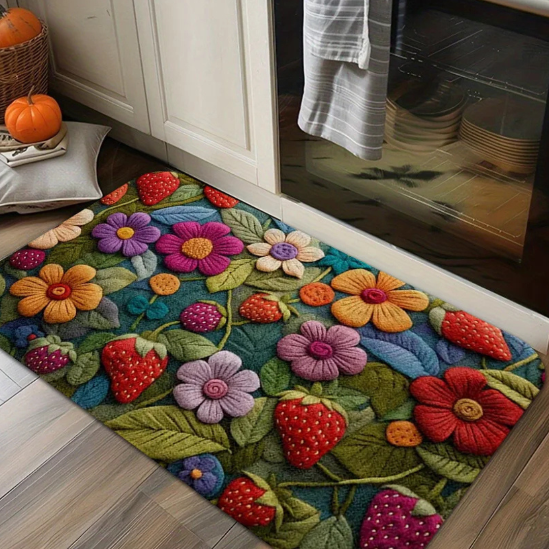 Tapete 3D Morango com Flor Macio, Antiderrapante e Decorativo | Home Gaju